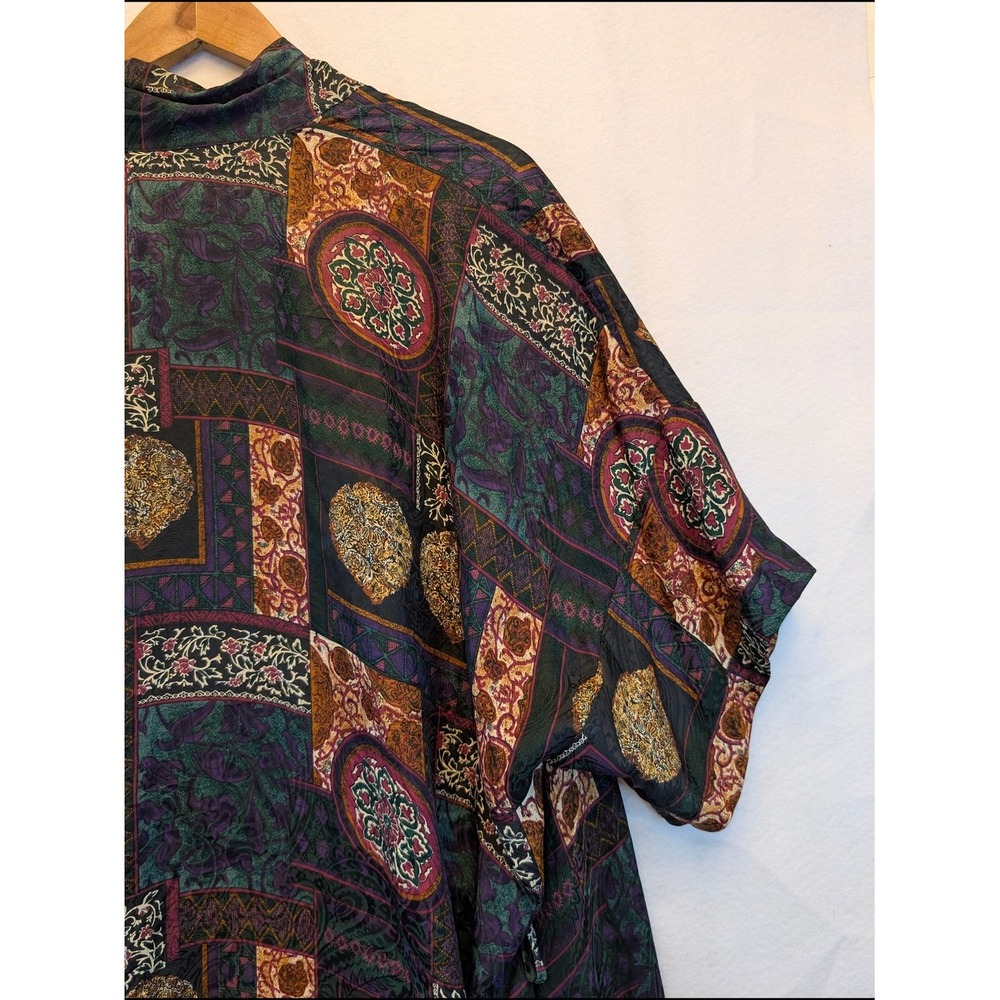 August Silk Intimates 100% Silk Kimono Robe Patchwork Tapestry Green Purple - Picture 8 of 11